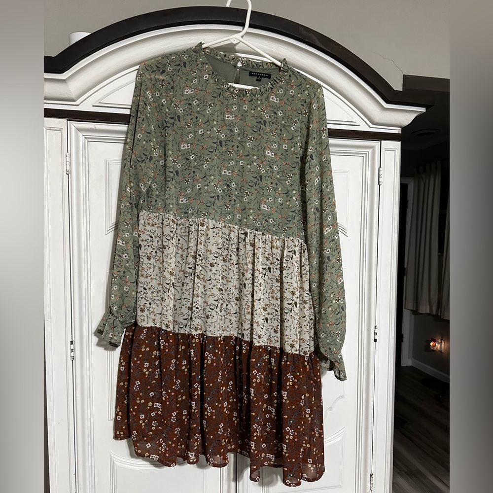 Staccato Green, Cream, and Brown Floral Mini Dress